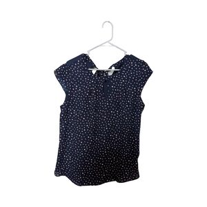 Cap-Sleeve Navy Blouse with Pink Polka Dots and Tie-Neck